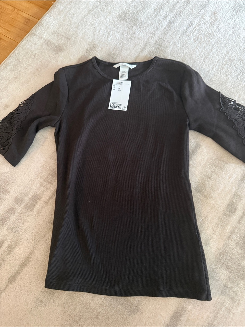 H&M Black Short-Sleeve Tee with Lace Sleeve Detail